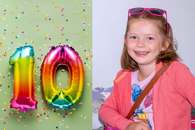 1. Foto links: grüner Hintergrund mit Konfettis, im Vordergrund sieht man bunte aufgeblasene Luftballons in Form einer 10. 2. Foto rechts: Geschwisterpaar, das aus Büchern liest und in die Kamera lächelt.