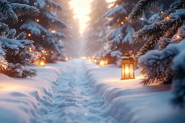 Verschneiter Waldweg mit tiefen Fußspuren, gesäumt von Tannen, auf denen Schnee liegt, und warm leuchtenden Laternen entlang des Pfads. Sanft fallender Schnee und goldenes Licht schaffen eine ruhige, winterliche Atmosphäre.