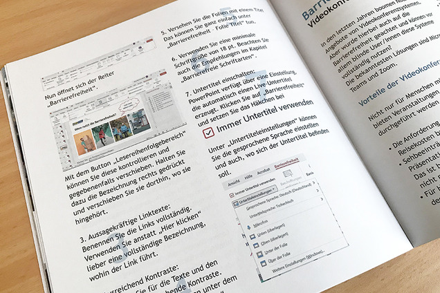 Vorschau auf eine Innenseite der Broschüre "Digitale Barrierefreiheit 2.0". Auf dieser Seite sieht man einen Auszug aus einer Schritt-für-Schritt-Anleitung für barrierefreie Power-Point-Präsentationen.