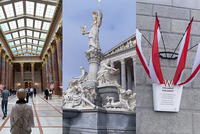 Besucher im Parlament schauen sich um; Pallas Athene-Statue vor dem Parlament; Österreich-Fähnchen bei einem Schild auf dem "Parlament" steht