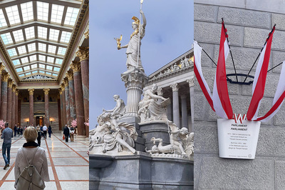 Besucher im Parlament schauen sich um; Pallas Athene-Statue vor dem Parlament; Österreich-Fähnchen bei einem Schild auf dem "Parlament" steht