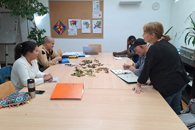 Mehrere erwachsene Personen sitzen um einen Tisch, Arbeitsunterlagen liegen auf dem Tisch. Die Lernbegleiterin steht zwischen den Personen und erklärt gerade etwas.