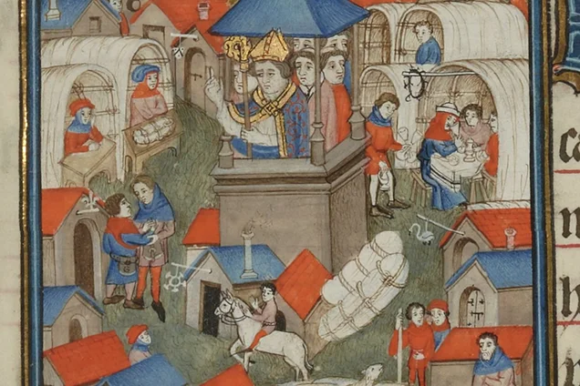 Diese Illustration zeigt, wie ein Bischof einen mittelalterlichen Marktplatz segnet. In den Markständen befinden sich Kaufleute, die ihre Waren zum Verkauf anbieten.