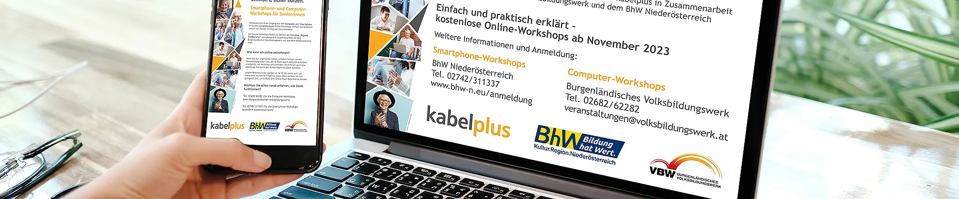 Auf dem Bild sind ein Laptop und ein Smartphone zu sehen, auf deren Bildschirmen die Einladung zu den Online-Workshops eingeblendet ist.