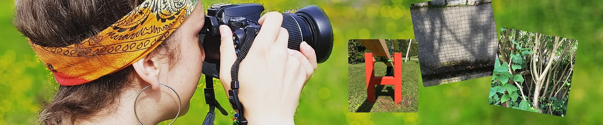 Im Hintergrund it ein foto mit einer jungen Frau die gerade mit ihrer Spiegelreflexkamera in der Natur fotografiert. Daneben sind noch Bilder von Gegenständen die aussehen wie Buchstaben.