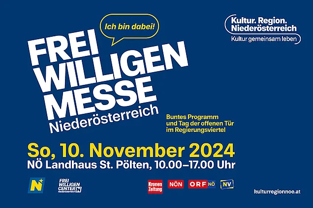 blauer Hintergrund und darauf steht der Text: Freiwilligenmesse Niederösterreich, Sonntag 10. November von 10.00 bis 17.00 Uhr im NÖ Landhaus St. Pölten