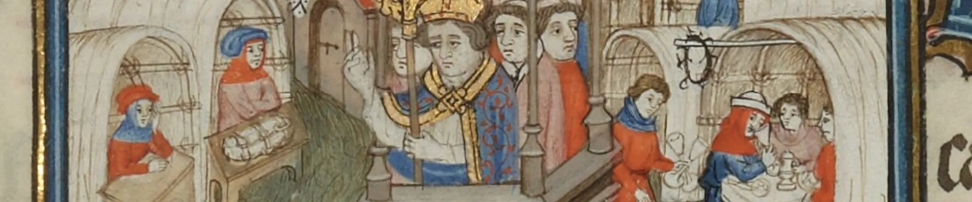 Diese Illustration zeigt, wie ein Bischof einen mittelalterlichen Marktplatz segnet. In den Markständen befinden sich Kaufleute, die ihre Waren zum Verkauf anbieten.