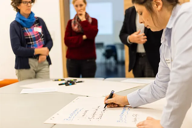 Teilnehmende stehen rund um einen Tisch und überlegen. Eine Person schreibt auf ein Flipchart.
