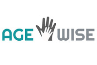 Logo von AGE WISE. Es zeigt in der Mitte eine große, dunkelgraue Handfläche. Darüber liegt eine kleinere, weiße Hand. Links davon steht in türkiser Schriftfarbe das Wort Age. Rechts das Wort Wise in hellgrauer Schriftfarbe.