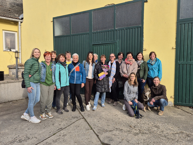 Gruppenfoto aller 16 Frauen, die beim Spaziergang in Paasdorf befragt wurden. Alle lächeln, tragen bunte Kleidung und stehen vor einem grünen Holztor.