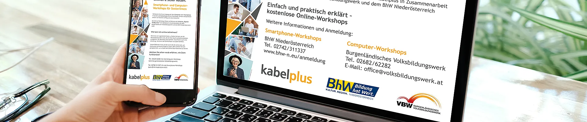 Auf dem Bild sind ein Laptop und ein Smartphone zu sehen, auf deren Bildschirmen die Einladung zu den Online-Workshops eingeblendet ist.
