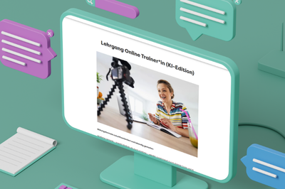 Ein futuristisches Setting zeigt einen digital illustrierten Laptop und rundherum Sprechblasen und moderne Gestaltungselemente. Der Bildschirm zeigt einen Ausschnitt der Website vom Ring der Bildungswerke. Man sieht Informationen zum Lehrgang zur KI-Trainerin.