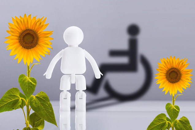 Eine weiße Figur mit einem schwarzen Rollstuhl-Piktogramm im Hintergrund. Daneben, zwei Sonnenblumen als Symbol für nicht sichtbare Behinderungen.