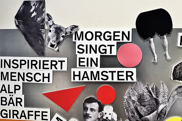 Collage von Wörtern und Figuren