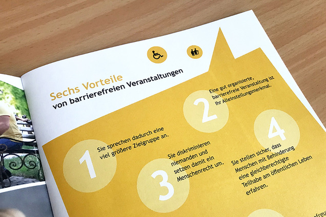 Vorschau auf eine Innenseite der Broschüre "Veranstaltungen für ALLE durchführen". Auf dieser Seite geht es um die Vorteile die barrierefreie Veranstaltungen mit sich bringen.