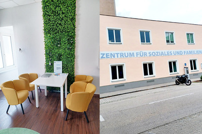 man sieht zwei Bilder: links - ein Tisch mit 4 gleben gemütlichen Sesseln stehen bereit für die Beratungstermine der Bildungsberatung in Schwechat. rechts: Gebäude-Aussenansicht des "Zentrum für Soziales und Familien" in Schwechat in der Sendergasse.