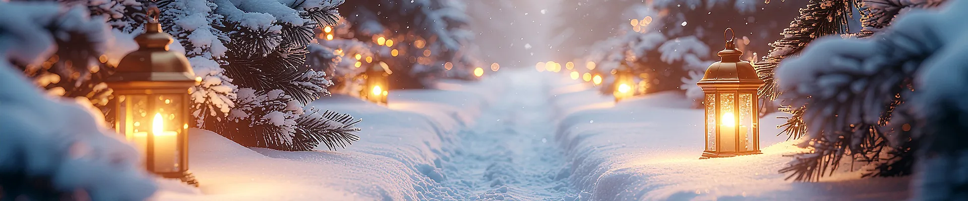 Verschneiter Waldweg mit tiefen Fußspuren, gesäumt von Tannen, auf denen Schnee liegt, und warm leuchtenden Laternen entlang des Pfads. Sanft fallender Schnee und goldenes Licht schaffen eine ruhige, winterliche Atmosphäre.