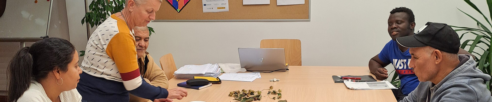 Mehrere erwachsene Personen sitzen um einen Tisch, Arbeitsunterlagen liegen auf dem Tisch. Die Lernbegleiterin steht zwischen den Personen und erklärt gerade etwas.
