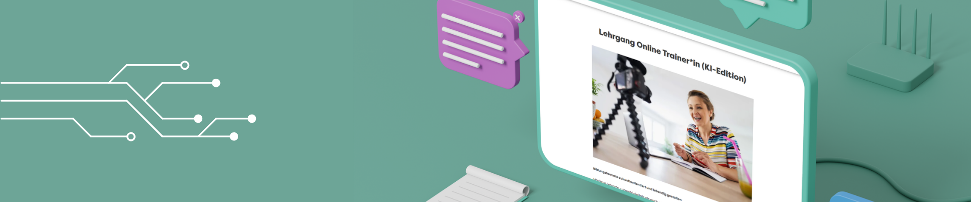 Ein futuristisches Setting zeigt einen digital illustrierten Laptop und rundherum Sprechblasen und moderne Gestaltungselemente. Der Bildschirm zeigt einen Ausschnitt der Website vom Ring der Bildungswerke. Man sieht Informationen zum Lehrgang zur KI-Trainerin.