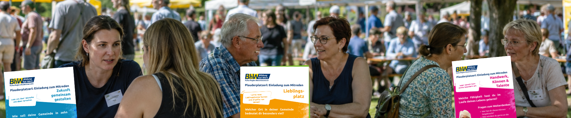 Personen sitzen bei einem Gemeindefest an Tischen. Man sieht Schilder mit Gesprächs-Inputs. Alle unterhalten sich.