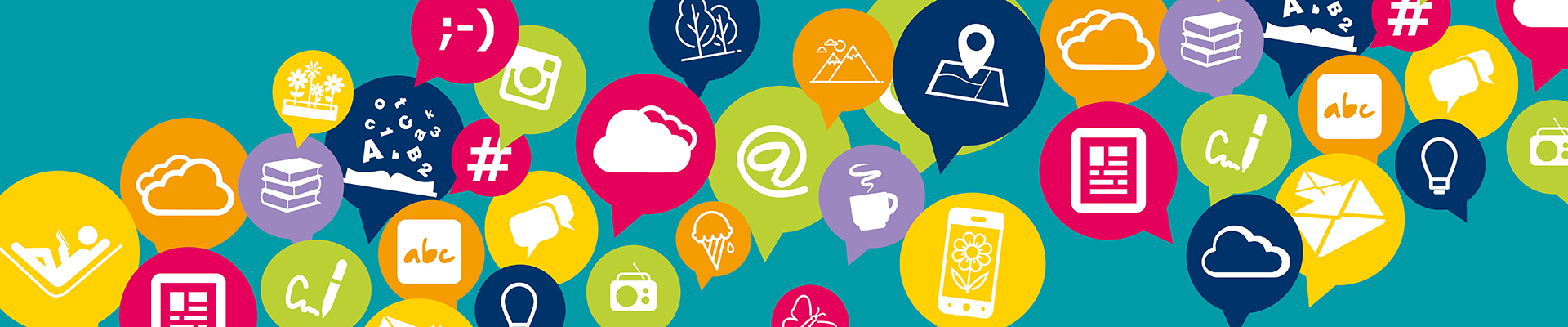 türkiser Hintergrund, bunte runde Sprechblasen in den je ein weißes Icon zu sehen ist. Die Icons sind in Form von zB einem @-Zeichen, einem Smiley-Gesicht, einem Buch, einer Wolke, Buchstaben, einer Weltkugel, etc.