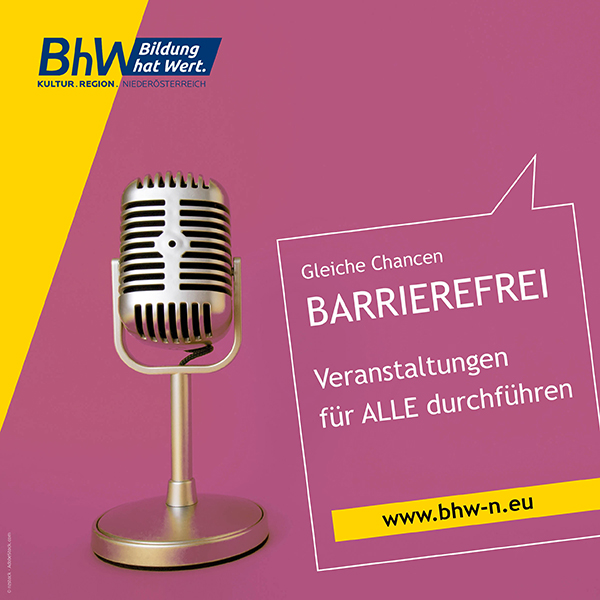 Titelbild der Broschüre "Veranstaltungen für ALLE durchführen". Die Broschüre ist quadratische. Links oben ist das BhW Logo. Man sieht einen lila Hintergrund und im Vordergrund ein silberfarbenes Mikrofon. Rechts davon steht der Titel der Broschüre.