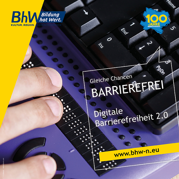 Titelbild der Broschüre "Digitale Barrierefreiheit 2.0". Die Broschüre ist quadratische. Links oben ist das BhW Logo. Man sieht am Foto ein paar Finger die auf der Braillezeile eines Screenreaders den Text ertasten. Rechts im Bild steht der Titel der Broschüre.