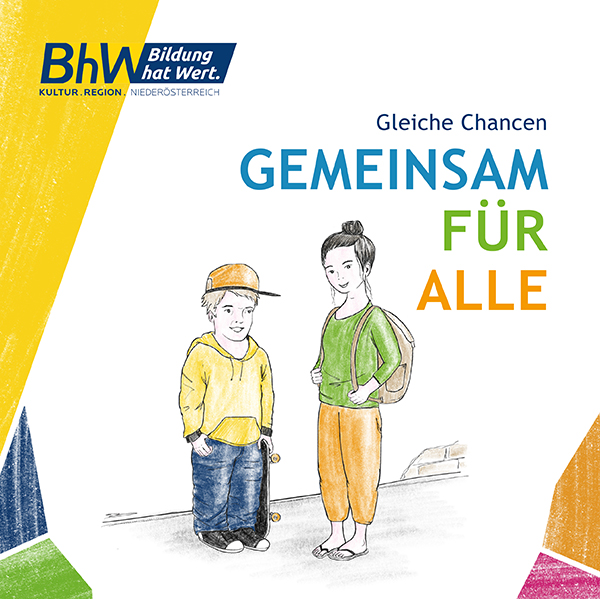 Titelbild der Broschüre "Kinder-Magazin - Gemeinsam für ALLE". Die Broschüre ist quadratische. Links oben ist das BhW Logo. Man sieht eine Illustration von einem kleinwüchsigen Jungen und einem Mädchen. Rechts oben im Bild steht in bunten Buchstaben der Titel der Broschüre.