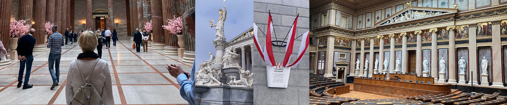 Besucher im Parlament schauen sich um; Pallas Athene-Statue vor dem Parlament; Österreich-Fähnchen bei einem Schild auf dem "Parlament" steht; Sitzungssaal des Parlaments